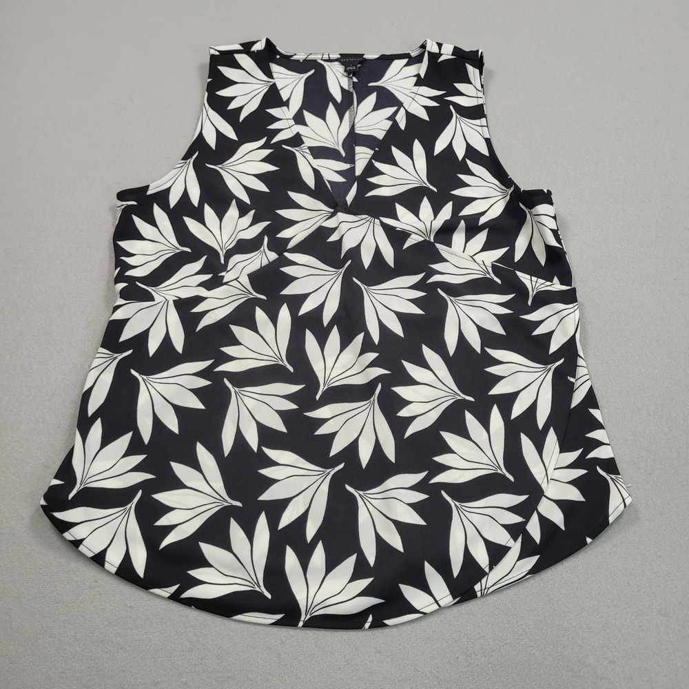 Ann Taylor Womens Black White Floral V-Neck Sleeveless Blouse Top Large
